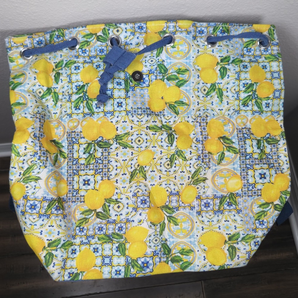La Divina Costiera Italian‎ Mosaic Lemon Tile Print Backpack Fringed Drawstring - Picture 3 of 8